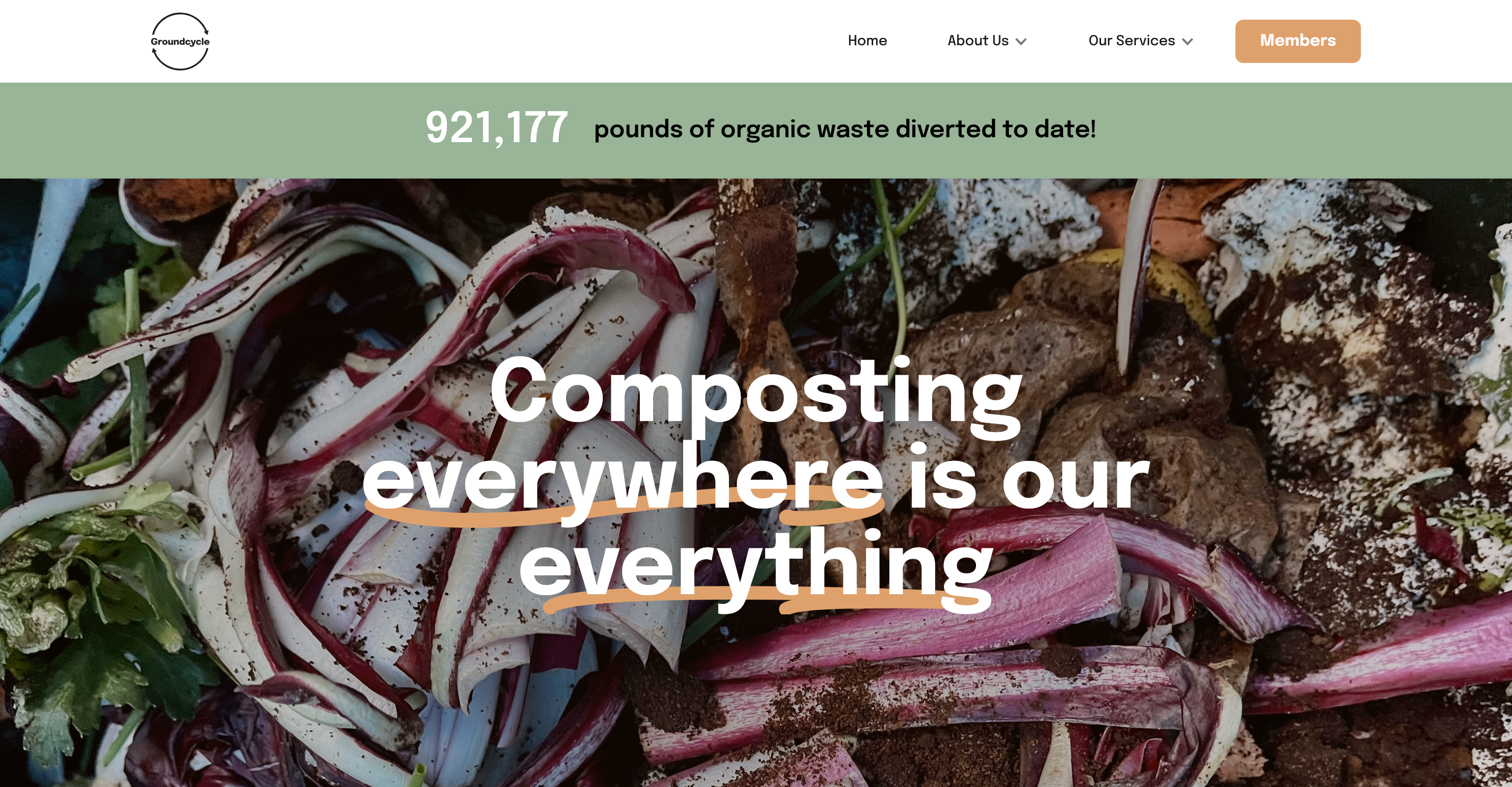 Screenshot of the Groundcycle homepage with the Groundcycle logo centered at the top. Below are navigation links (About Us, Our Story, Get Involved, Compost Guide, Our Zine). The main headline reads “Composting everywhere is our everything”.