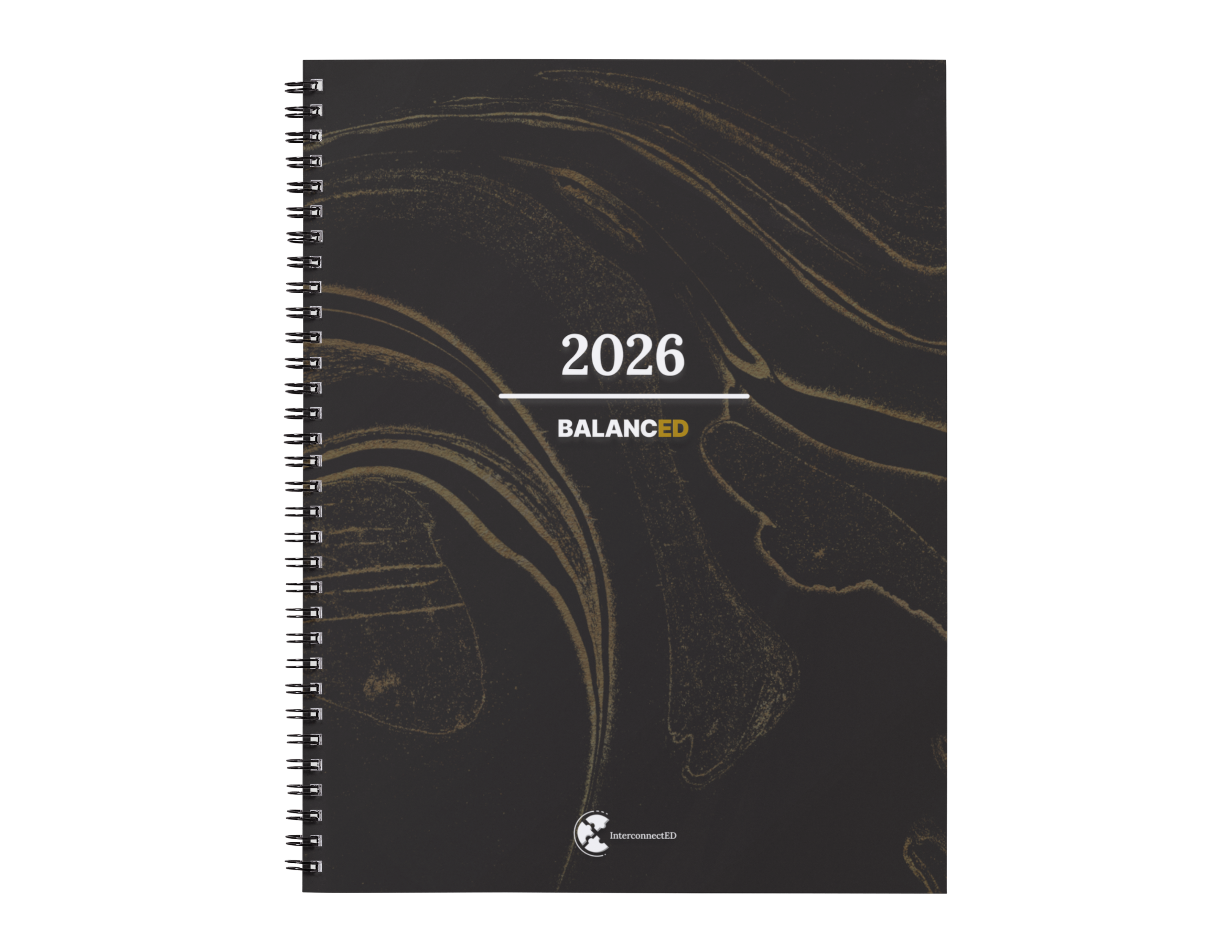 Balanced's planner in a black and gold marble