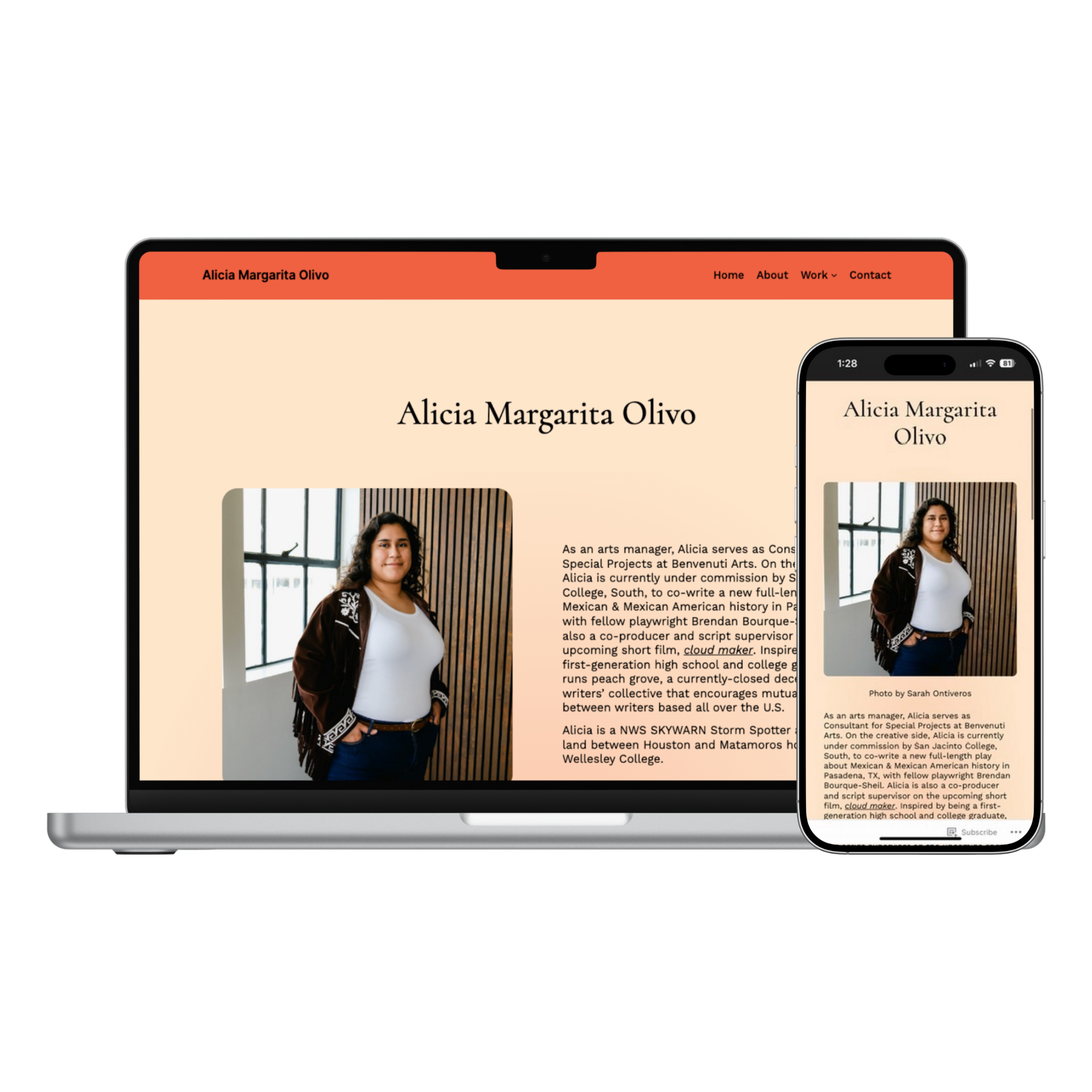 Image of Alicia Margarita Olivo's about page on a laptop and phone