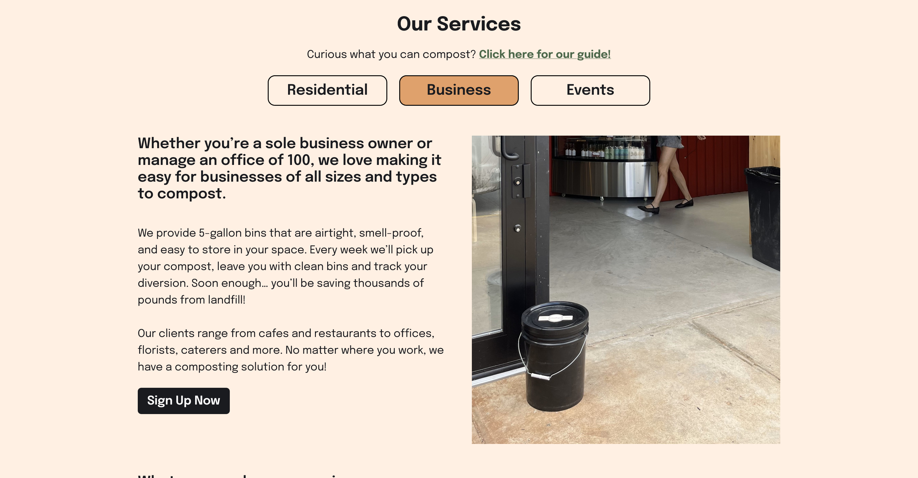 Screenshot of the Groundcycle's services. homepage with the Groundcycle logo centered at the top. Below are navigation links (About Us, Our Story, Get Involved, Compost Guide, Our Zine). The main headline reads “Composting everywhere is our everything” with subtext about helping homes, offices, and events compost in New York City. A prominent “Get Started” button is visible. Below are service category links for Residential, Business, and Events compost solutions. Footer includes email and Instagram contact information.