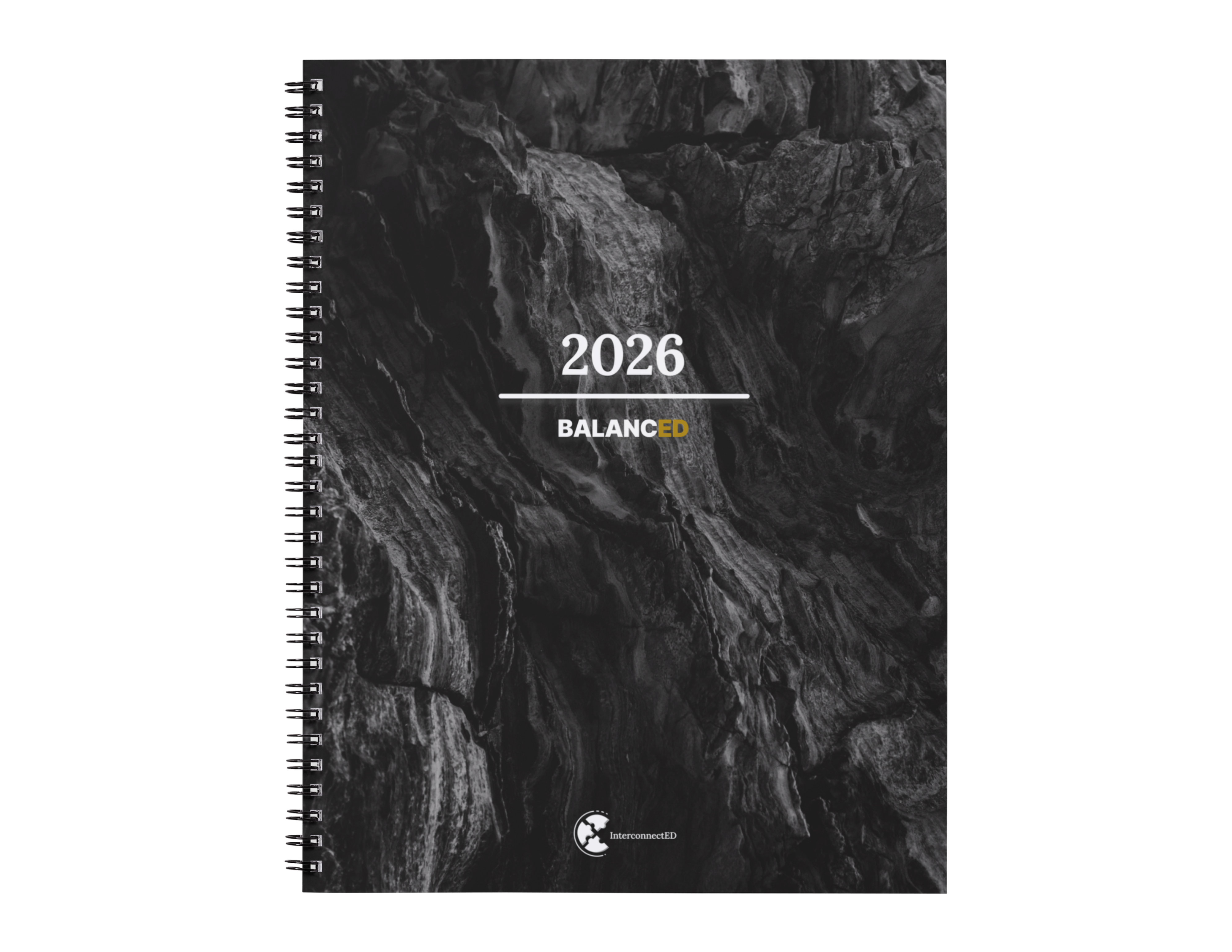 Balanced's planner in a black and white marble