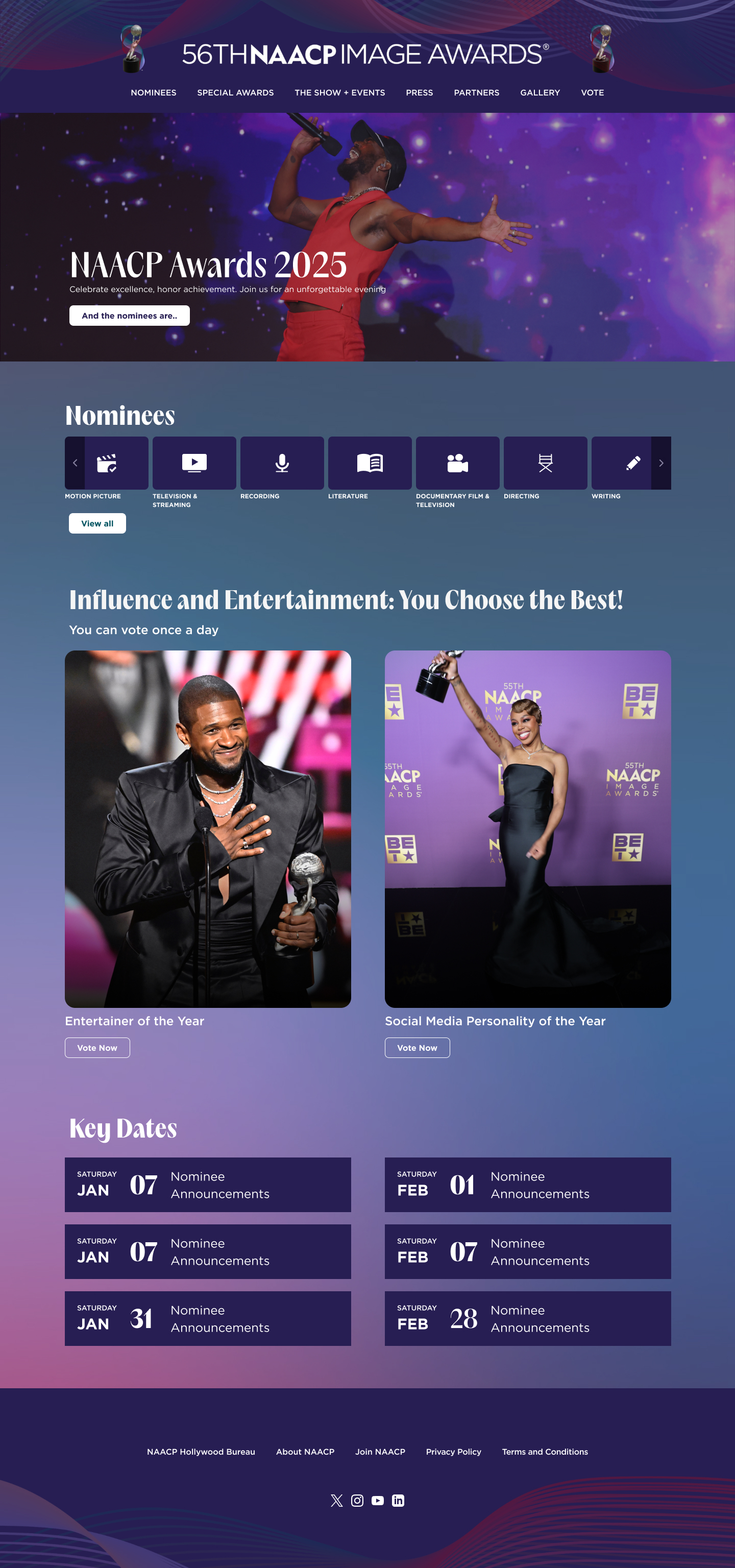 Screenshot of the 56th NAACP Image Awards homepage. The top navigation includes links for nominees, special awards, events, press, partners, gallery, and voting. A large hero image shows a performer singing on stage with the headline “NAACP Awards 2025”. Below are nominee categories, voting sections for Entertainer of the Year and Social Media Personality of the Year, and a list of key announcement dates.